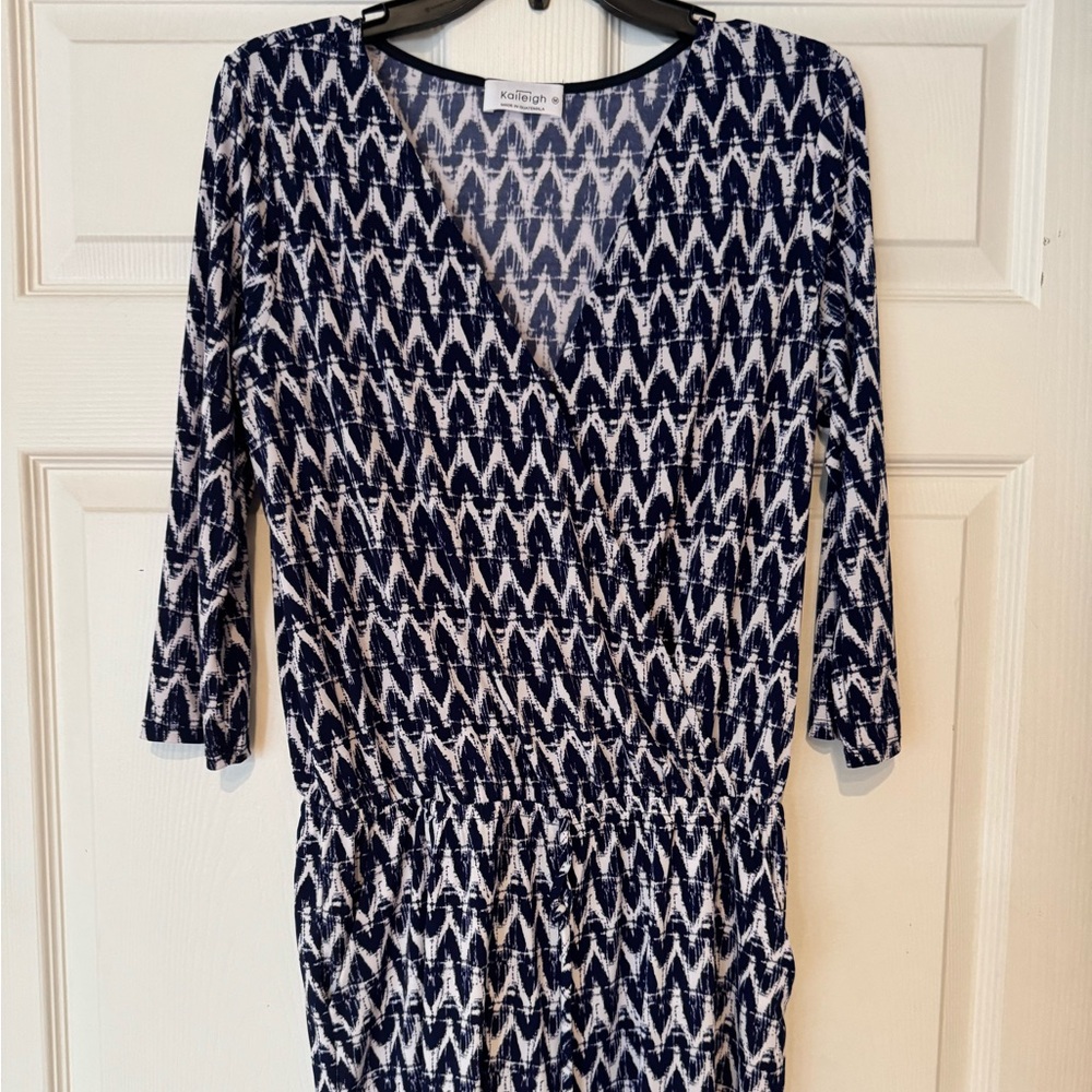 Kaileigh Blue and White Sheath Dress with Cuffed 3/4 Sleeves